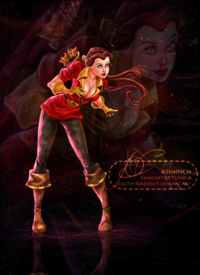 7. For a change, the artist decided to have Belle wear Gaston's outfit.