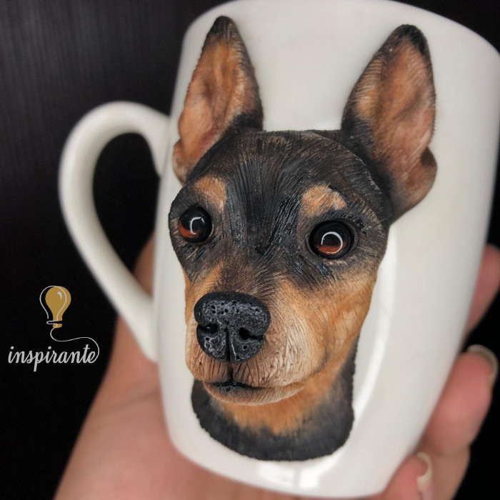 Handmade Husky and Chow Chow polymer clay mugs, lifelike faces and fur textures