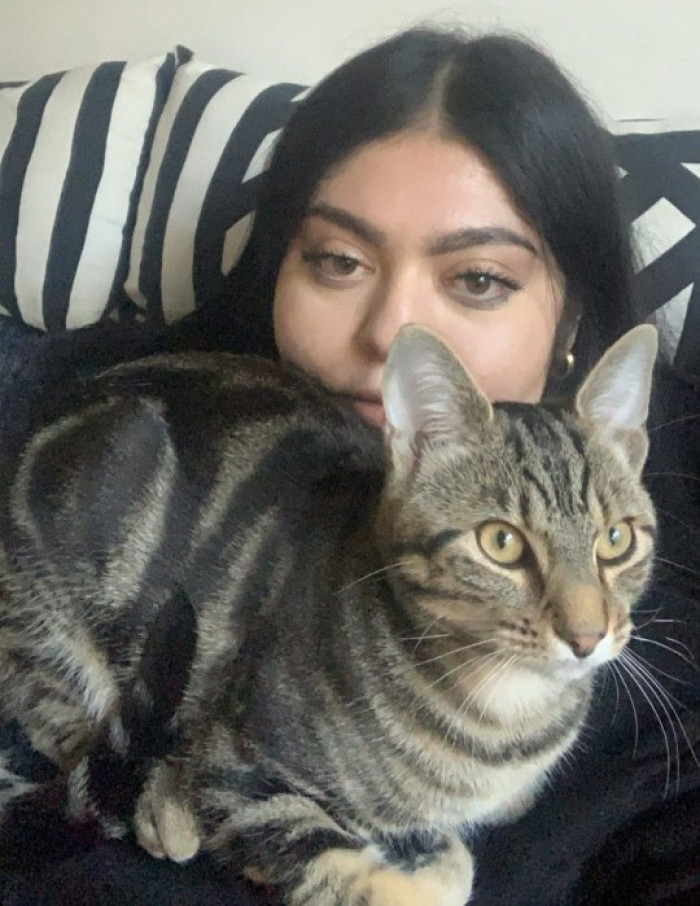 8. Ziggy keeps Myriam warm while she works
