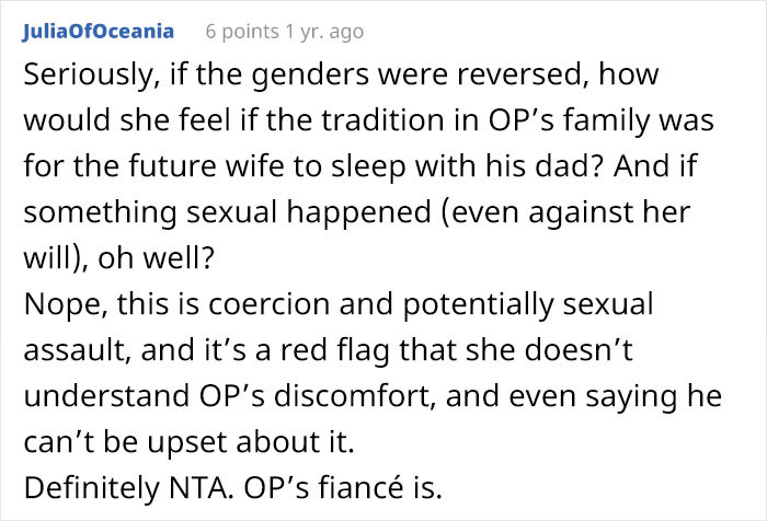 Exactly; only if the bride had to sleep with the groom's father would the bride's family have turned the house upside down.
