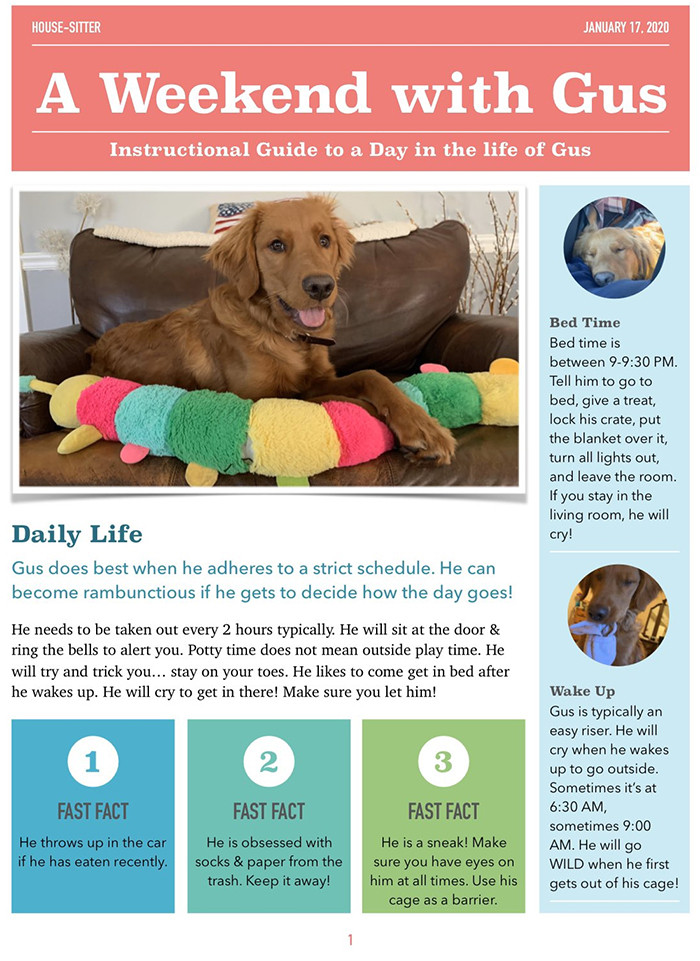 The instruction book is named “A Weekend with Gus” and contains information about his daily life