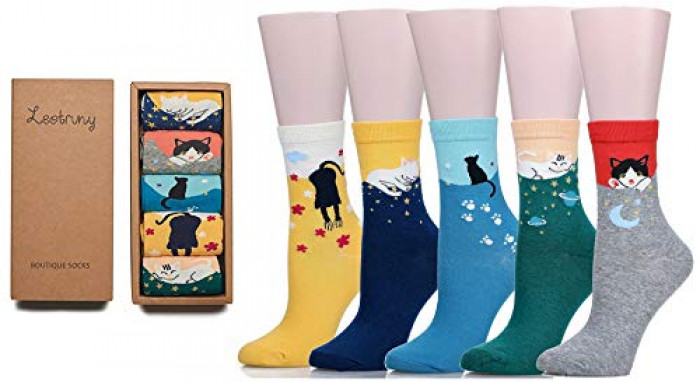 Leotruny Women's Colorful Cute Cat Crew Socks with Gift Box