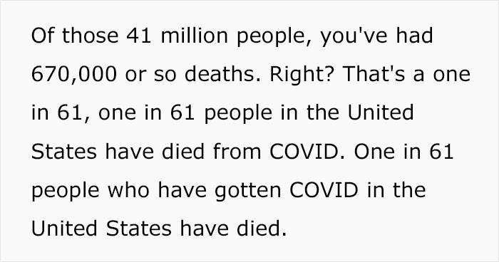 The odds of dying when a person gets COVID