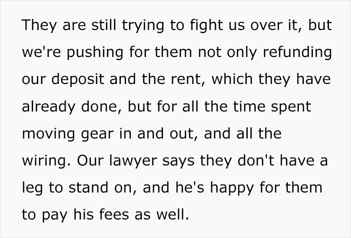 The building's owner is still trying to fight them, but he will end up paying for all of OP's company expenses.
