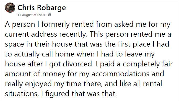 Chris Robarge shared the story of a kind former landlord: