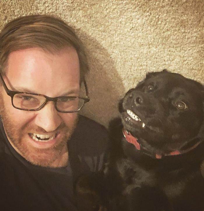 Two pets sitting together, appearing like lifelong buddies in selfie pose