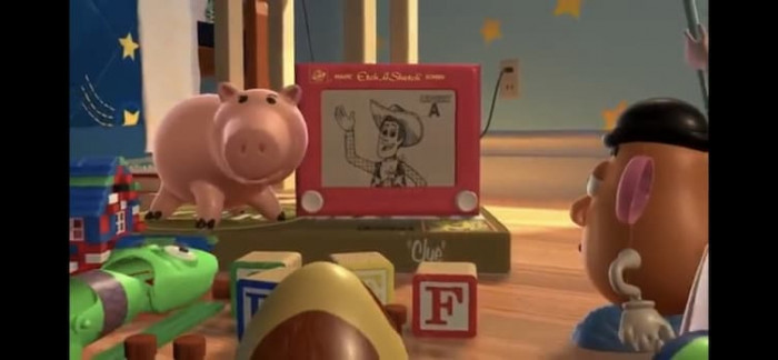 6. Hamm is standing on the board game Clue as he is looking for clues on how to find Woody.