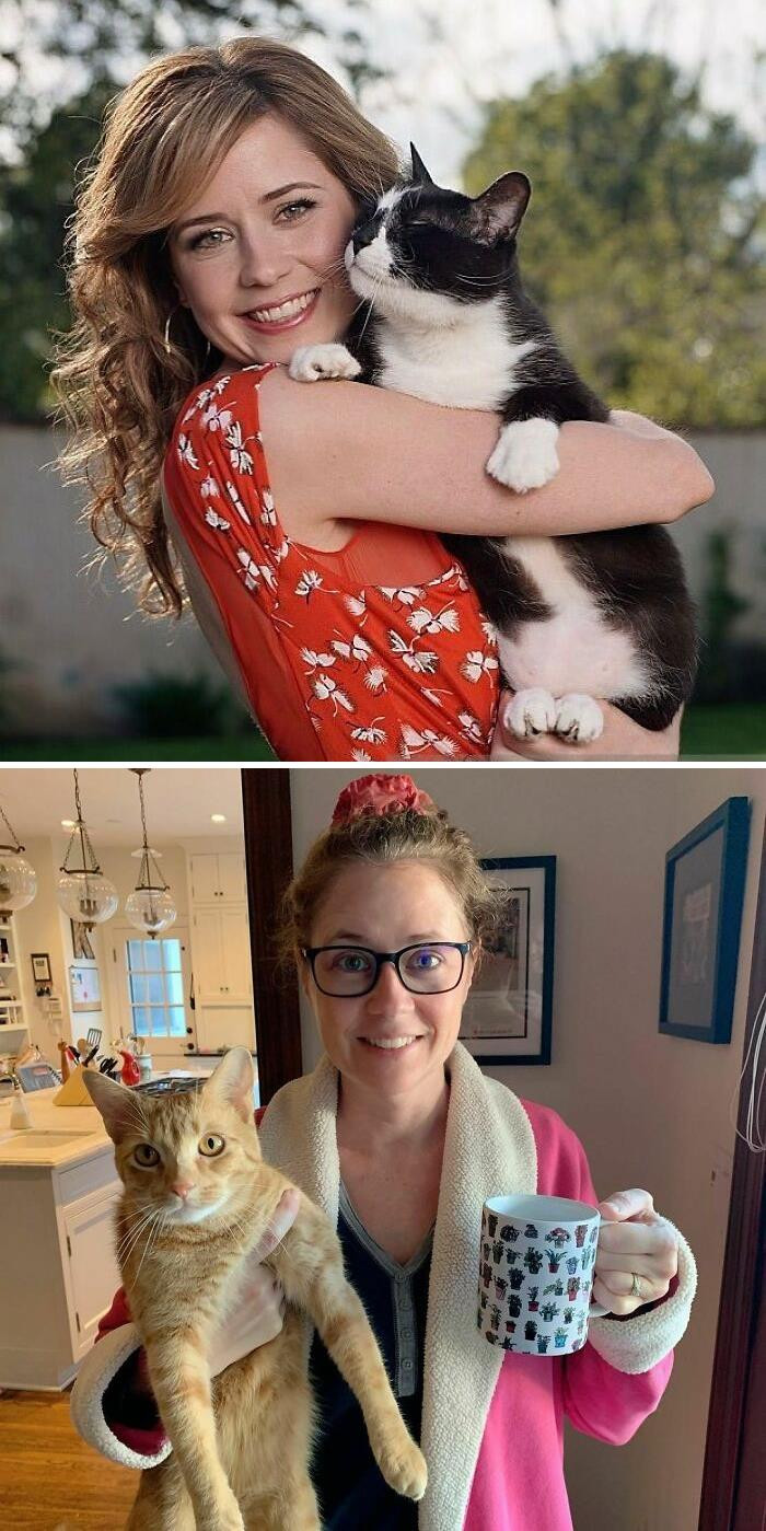 1. Jenna Fischer and her adorable cats, a tuxedo cat and a ginger cat!