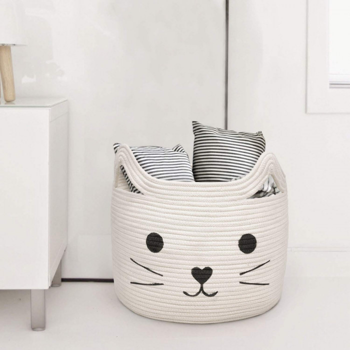 Cat Print Large Woven Cotton Rope Storage Basket