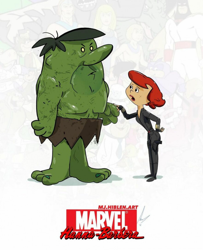 2. Amazing blend of the characters of the couple Barney and Betty Rubble as monstrous Hulk and Black Widow.