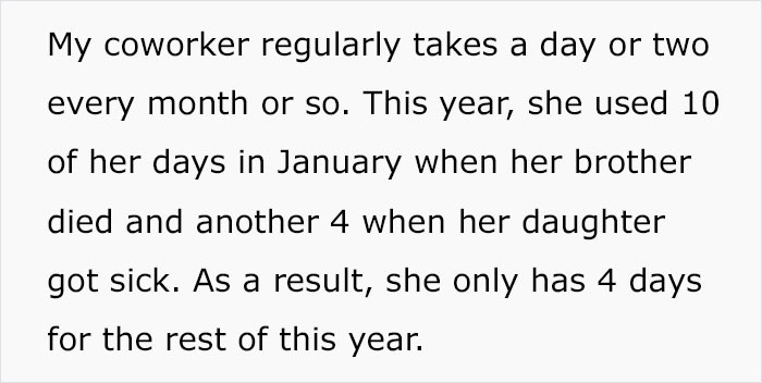 The OP explained that her coworker had used 14 days of her leave earlier in the year for valid reasons.