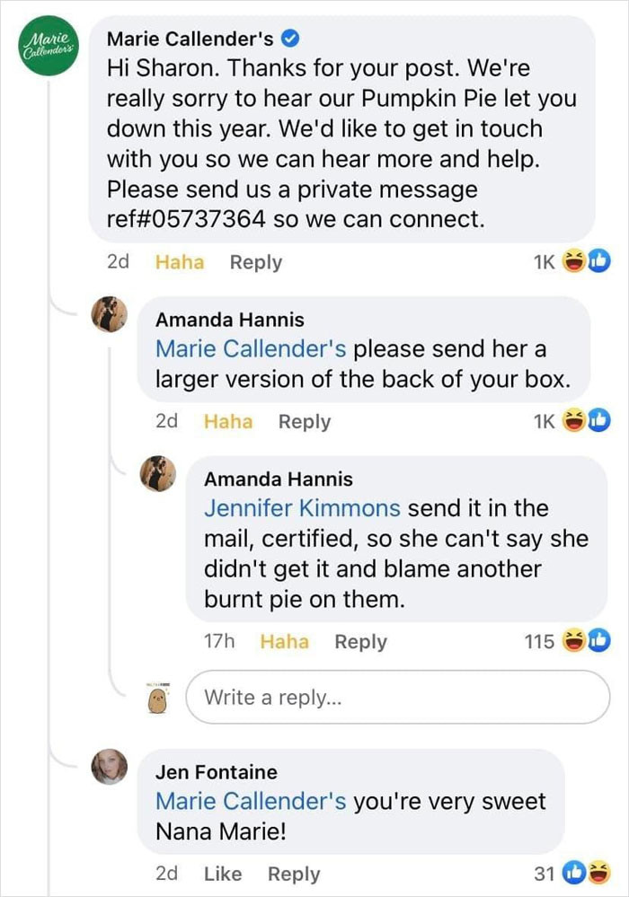 Marie Callender's showed up with some excellent customer service though