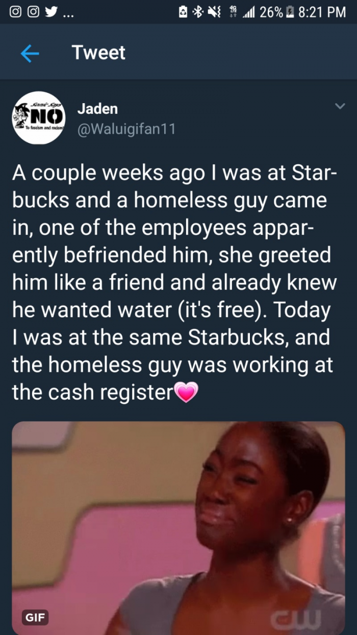 4. Starbucks employees helped a homeless person get a job at their store.