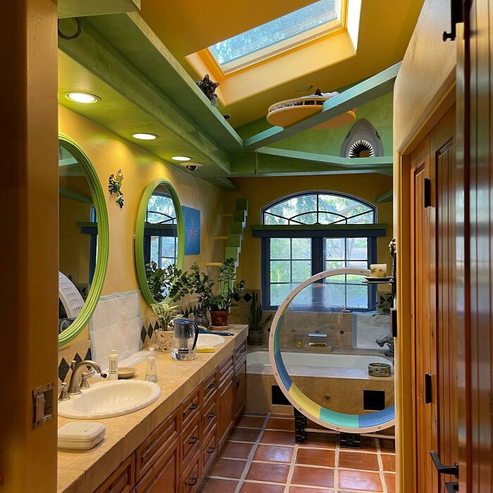 The bathroom has also been outfitted to meet the needs of the lucky felines.