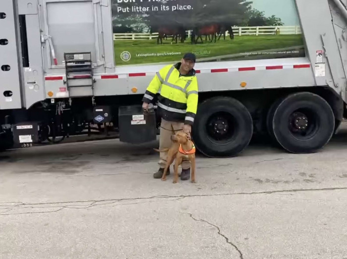 In the shelter he showed a fascination with trash, so the staff organized a meet and greet with the local sanitation workers 