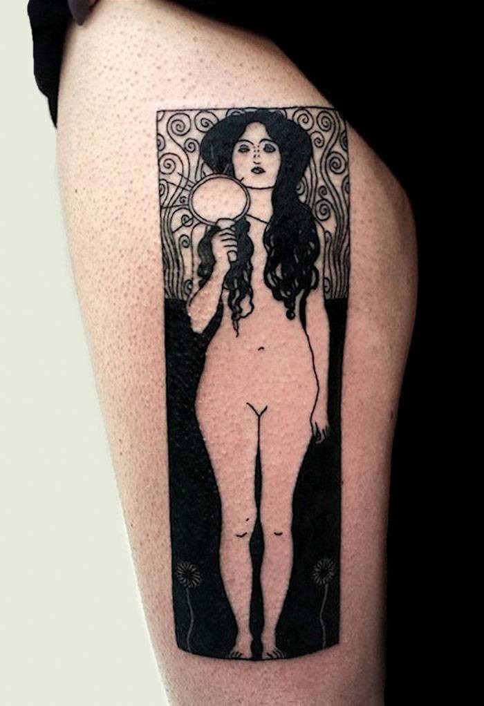 Black and white Gustav Klimt tattoo featuring intricate patterns and symbolism