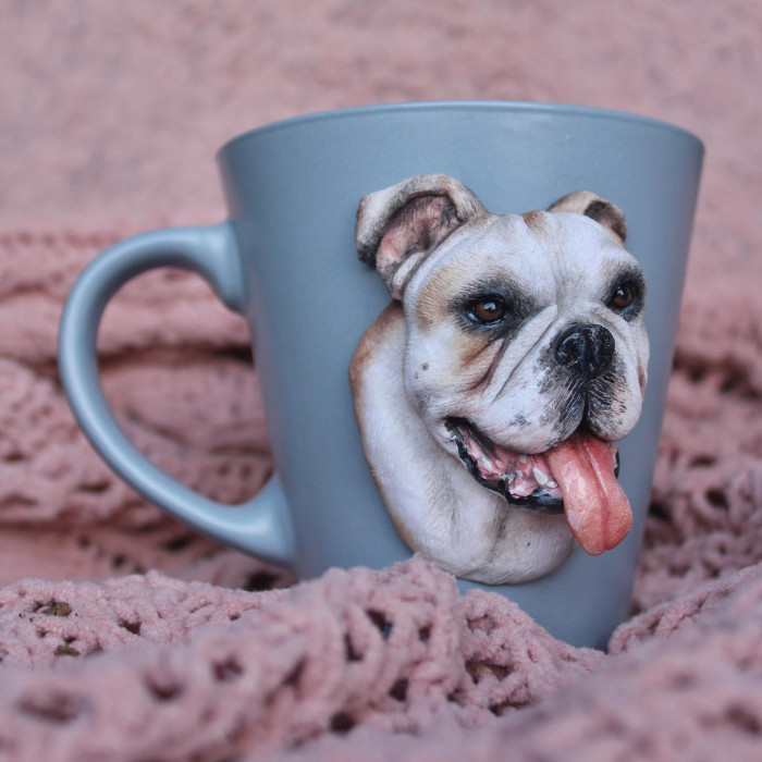 Close view of German Spitz polymer clay mug, incredible fur and whisker detail