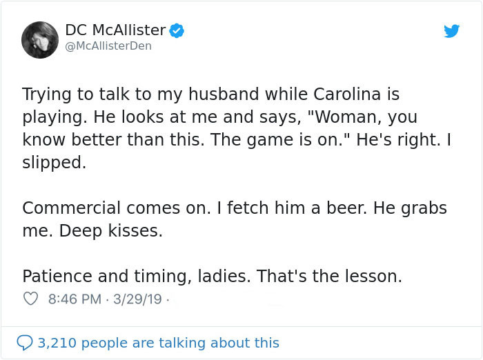 It all started with this tweet. Denise's lesson to other wives reading along... 