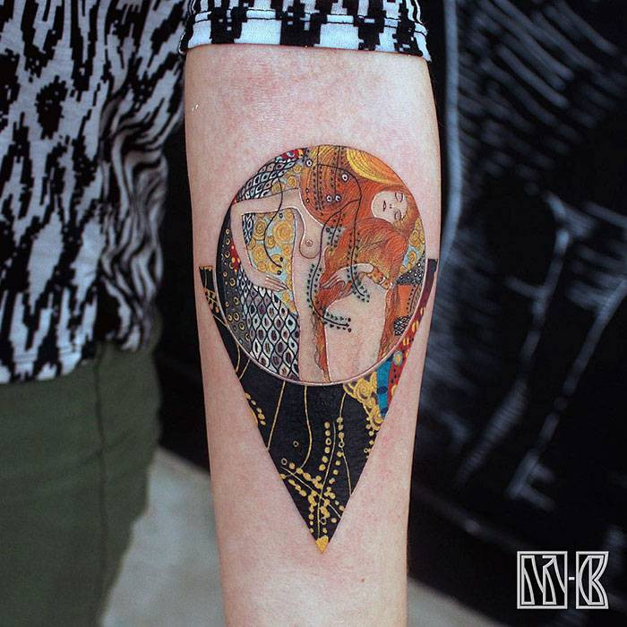 Minimalist Gustav Klimt tattoo, delicate floral motifs, and radiant golden accents