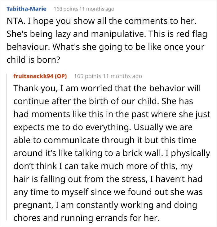 OP confirms that his wife is generally lazy, not just when pregnant.