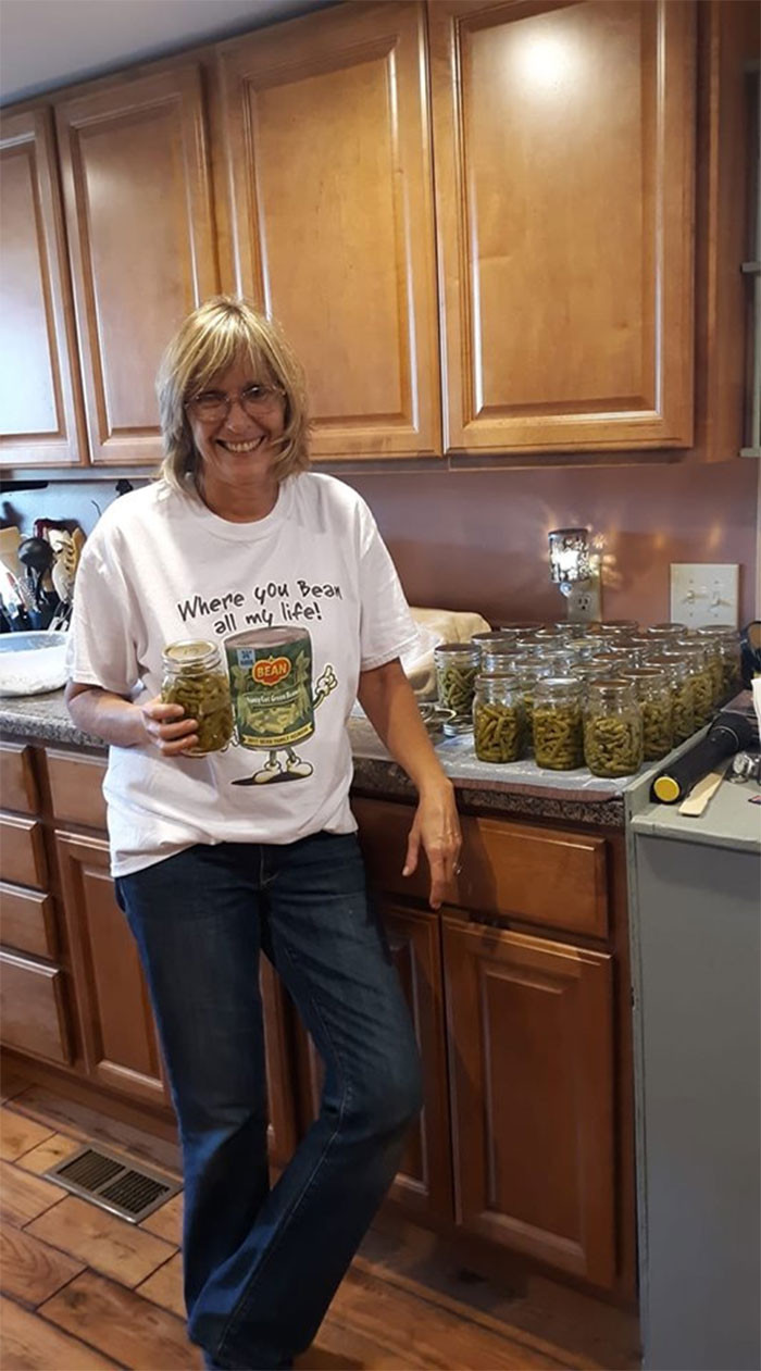 This lady was canning beans and luckily found this T-shirt at a thrift store.