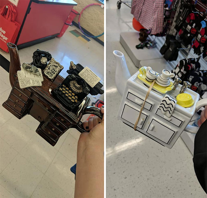 This lady found the murder mystery desk teapot and kitchen sink teapot at different places and created a collection out of them.
