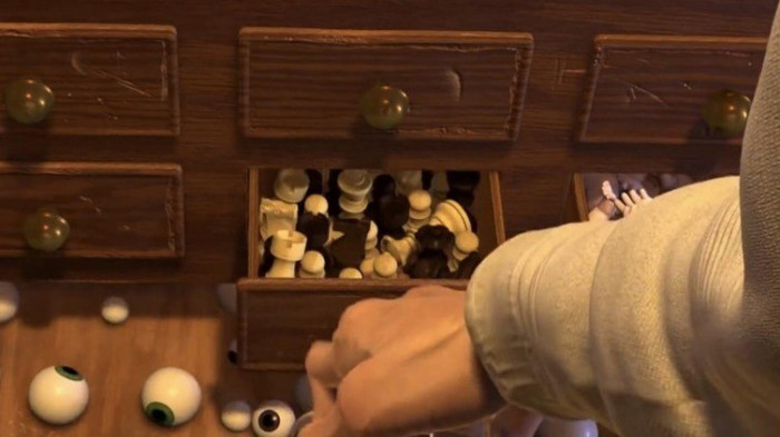 19. This is also noticeable when he pulls out the drawer full of chess pieces.