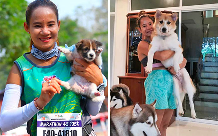 3. While running a marathon, Khemjira Klongsanun saw an abandoned puppy. She carried it for 19 miles and adopted it after the race. And that puppy is all grown up now.