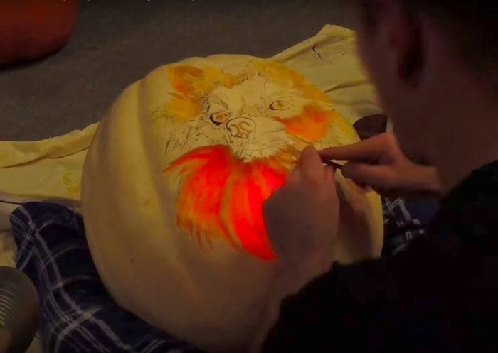 Using an X-Acto Knife, He Carefully Carved the Details into the Pumpkin