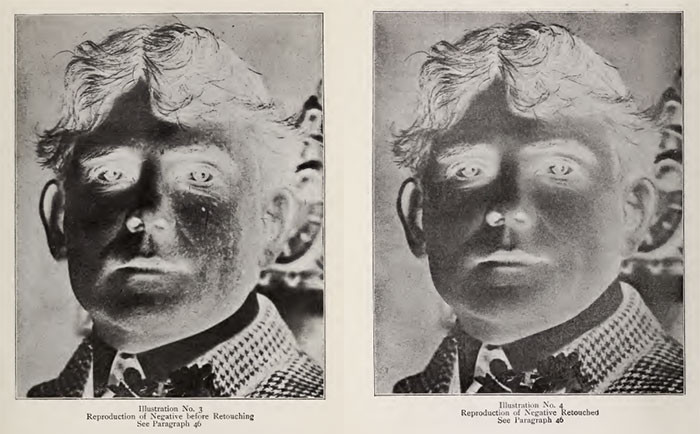 The image on the left shows the original negative, where the image on the right shows the reproduced negative after retouching.