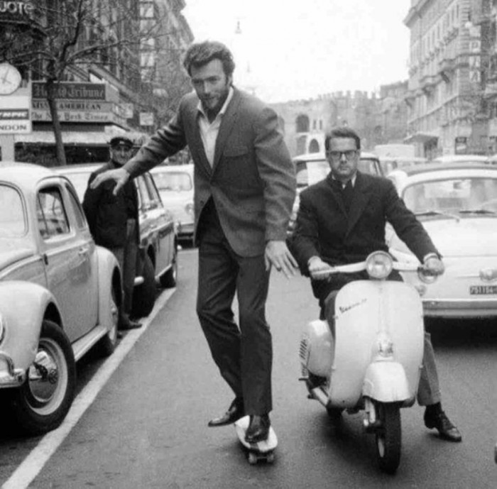 Clint Eastwood riding a skateboard in Rome in the early 60's