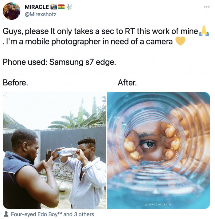 19. Phone camera and a bottle of water.