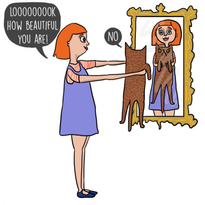 7. Taking your kitty up to the mirror and attempting to get them to recognize themselves.