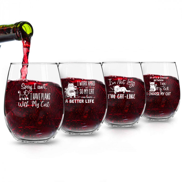 4 Pack of Amusing, Stemless Wine Glasses for Cat Lovers