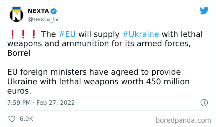 48. The EU has agreed to provide €450M worth of weapons and ammunition to the Ukrainian Army