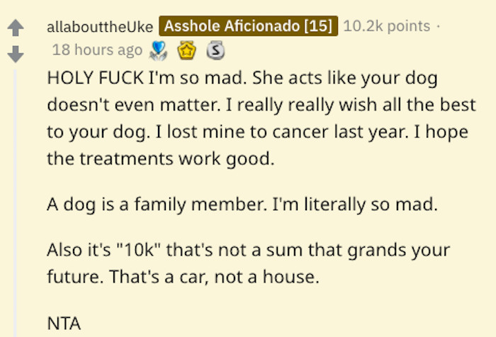 Most commenters say that the OP is right. It’s his money that he set aside for similar situations, and a dog is basically a family member. How can you put a price on their life, particularly when that life could be significantly prolonged?