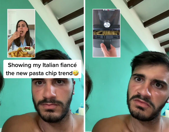 When the Italian fiancé sees his fiancée eating pasta chips.