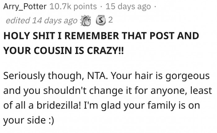 Of course, not only did everyone remember the bride's post, but they fully supported the bridesmaid keeping the 'Merida hair'. 