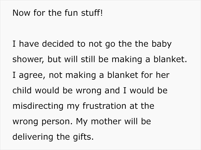 She decided not to attend the shower, but said she would still make the blanket after all.