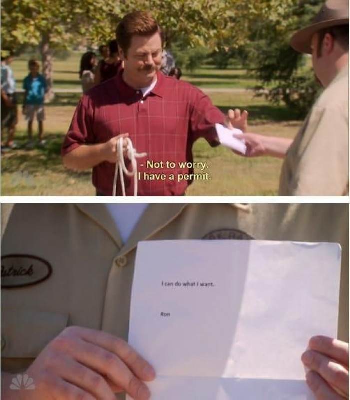 A notable meme-worthy moment of Ron Swanson on Parks and Rec.