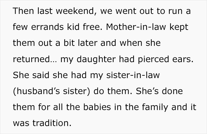 Then she explains that when she came to pick up her daughter, she saw the piercing.