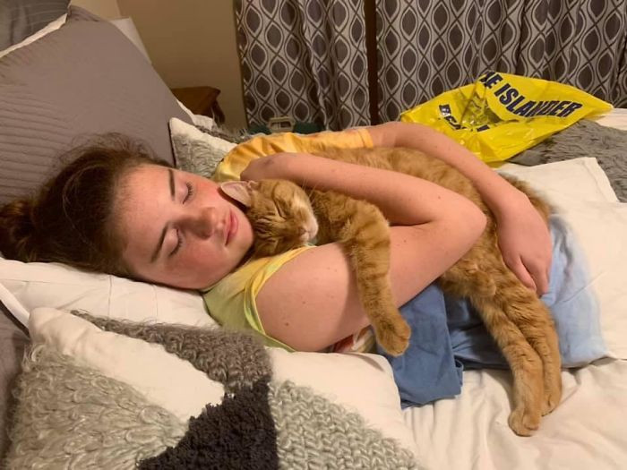 24. "We Adopted An 11-Year-Old Cat From A Chicago Shelter. He And My 13-Year-Old Daughter Fell In Love. This Is Them After She Got Back From A Week At Camp"