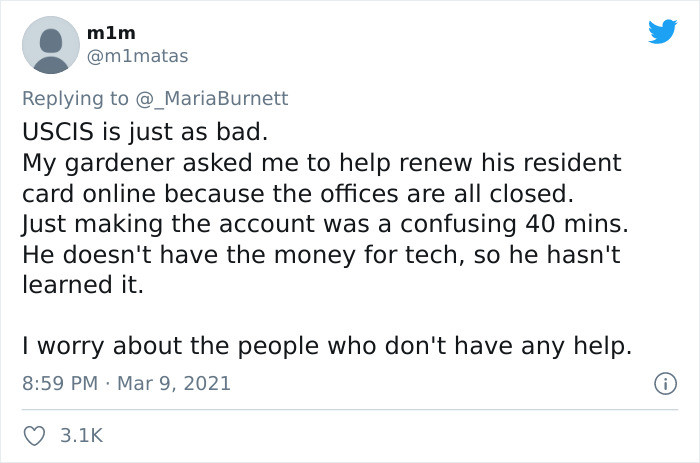 User @m1matas shares their experience with Immigration Services being difficult to navigate for those unable to afford tech.