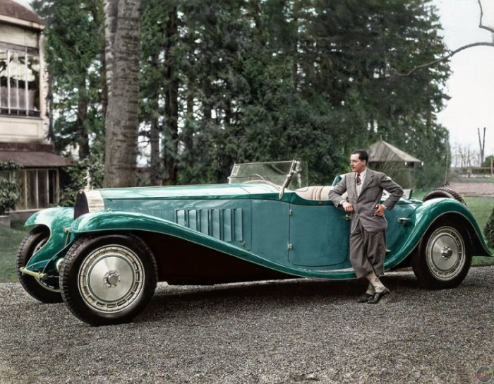French automotive designer, Jean Bugatti, photographed here with the Bugatti Royale 'Esders' Roadster