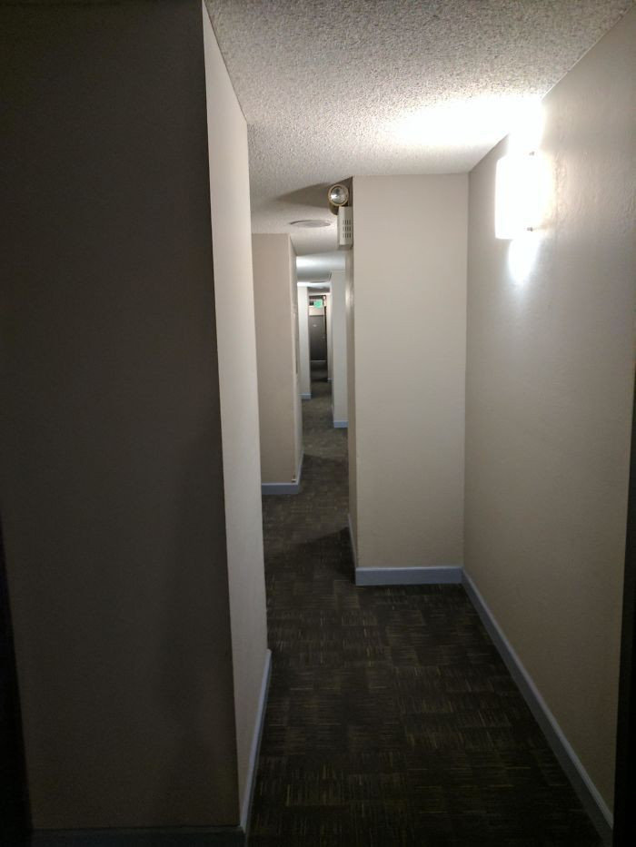 A hallway forcing you to walk in a zig-zag motion.