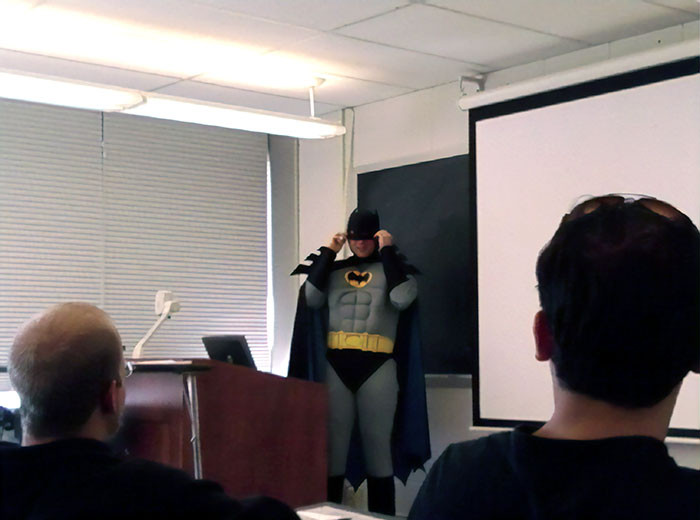 #33 My Teacher Said If The Class Could Get An 80% Test Average On Our First Exam He Would Dress Up As Batman For A Day. A Pic From The Day We Got Our Test Results Back