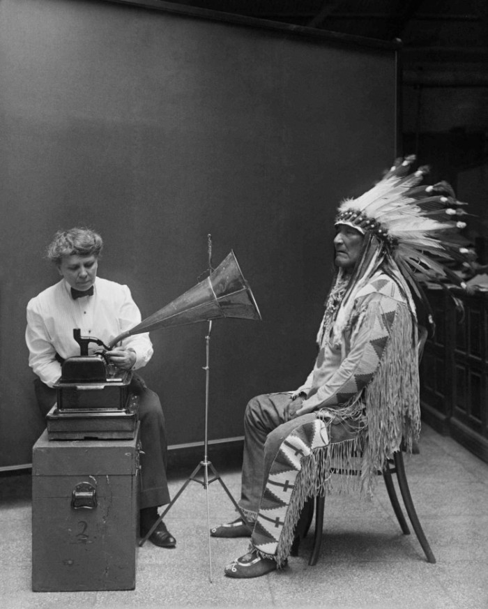 Frances Densmore recording the music of a Blackfoot chief onto a phonograph