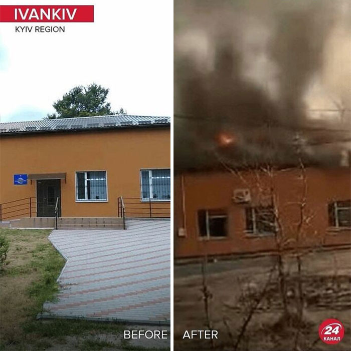 16. A building in Ivankiv engulfed in smoke and fire.