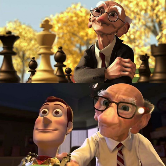 14. The man who brings back Woody to mint condition is Geri from Pixar's short film Geri's Game.
