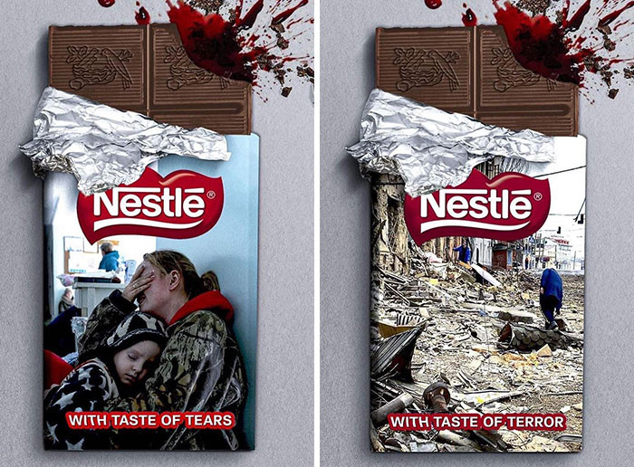 The edited chocolate bars featured messages saying the chocolate had the taste of tears, terror, pain, fear, and ash.